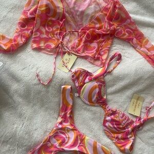 Women’s Pink & Orange Patterned Bikini Set with Sheer Cover-Up
